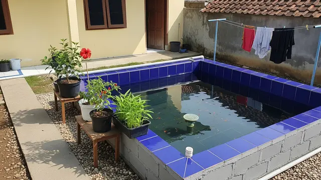 Desain Kolam Ikan Air Tawar yang Mudah Dikuras dan Praktis untuk Rumah Subsidi Model dekat Area Taman Kecil