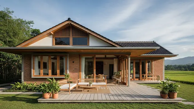 Desain Rumah Desa Nuansa Japandi Pakai Kayu dan Bata Ekspos/Gemini AI