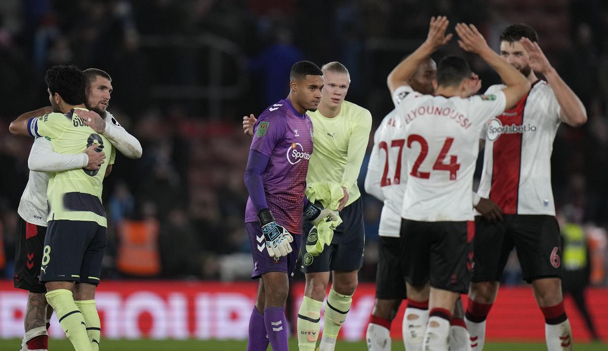 Hingga laga usai Manchester City gagal mencetak satu gol pun dan harus tersingkir dari Southampton pada perempatfinal Carabao Cup 2022/2023. (AP Photo/ Alastair Grant)