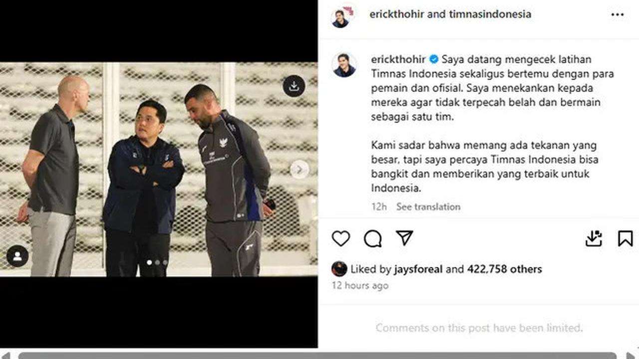 Pesan Erick Thohir untuk Timnas Indonesia Jelang Lawan Bahrain: Saya Percaya Bisa Bangkit
