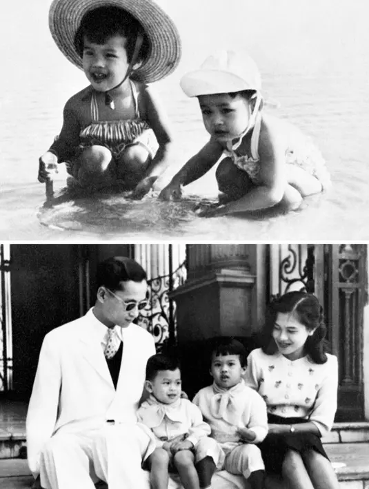 Atas : Anak Raja Thailand, Putri Ubol Ratana (kiri) dan Pangeran Maha Vajiralongkorn. Bawah : Raja Thailand dan istri berpose bersama anak pertama dan kedua mereka. Foto dirilis pada tahun 1955. (AFP PHOTO)