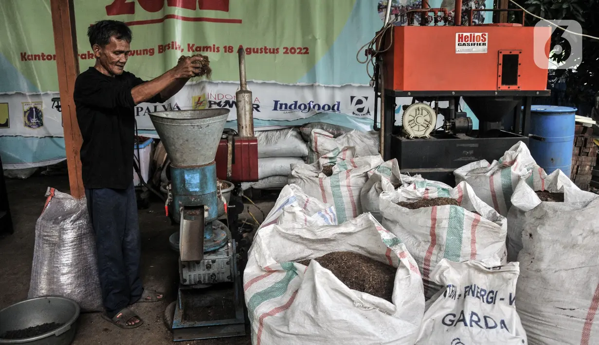 Petugas mengolah sampah organik untuk menjadi pelet bahan bakar nabati di Sekretariat Gerakan Ciliwung Bersih, Karet Bivak, Jakarta, Kamis (13/10/2022). Proses pembuatan bahan bakar nabati ini dimulai dengan mengolah sampah organik yang telah dipilah diberi cairan bioaktivator untuk menghilangkan bau. (merdeka.com/Iqbal S. Nugroho)