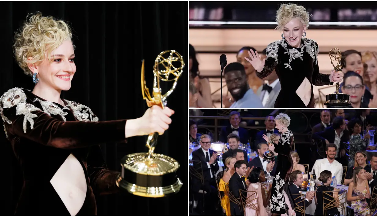 <p>Foto kolase Julia Garner saat menerima penghargaan kategori aktris pendukung terbaik dalam serial drama pada ajang Primetime Emmy Awards ke-74 di Microsoft Theater, Los Angeles, Amerika Serikat, 12 September 2022. Julia Garner memenangkan penghargaan tersebut berkat perannya dalam serial drama 'Ozark'. (AP Photo/Mark Terrill/Danny Moloshok)</p>