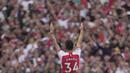Selebrasi pemain Arsenal Granit Xhaka setelah mencetak gol ke gawangWolverhampton Wanderers  dalam laga pamungkas English Premier league 2022/2023 yang berlangsung di Emirates Stadium, Minggu (28/5/2023). Xhaka mencetak brace ke gawang Wolverhampton dalam tempo empat menit. (AP Photo/Kin Cheung)
