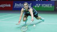 Sambil menjatuhkan diri, pebulu tangkis tunggal putri Spanyol, Carolina Marin berusaha mengembalikan bola smes saat menghadapi wakil China, Chen Yu Fei pada laga semifinal turnamen bulu tangkis Indonesia Open 2024 di Istora Senayan, Jakarta, Sabtu (8/6/2024). Carolina Marin kalah rubber game 11-21, 21-17 dan 13-21. (Bola.com/Syahkist Afi Daib)