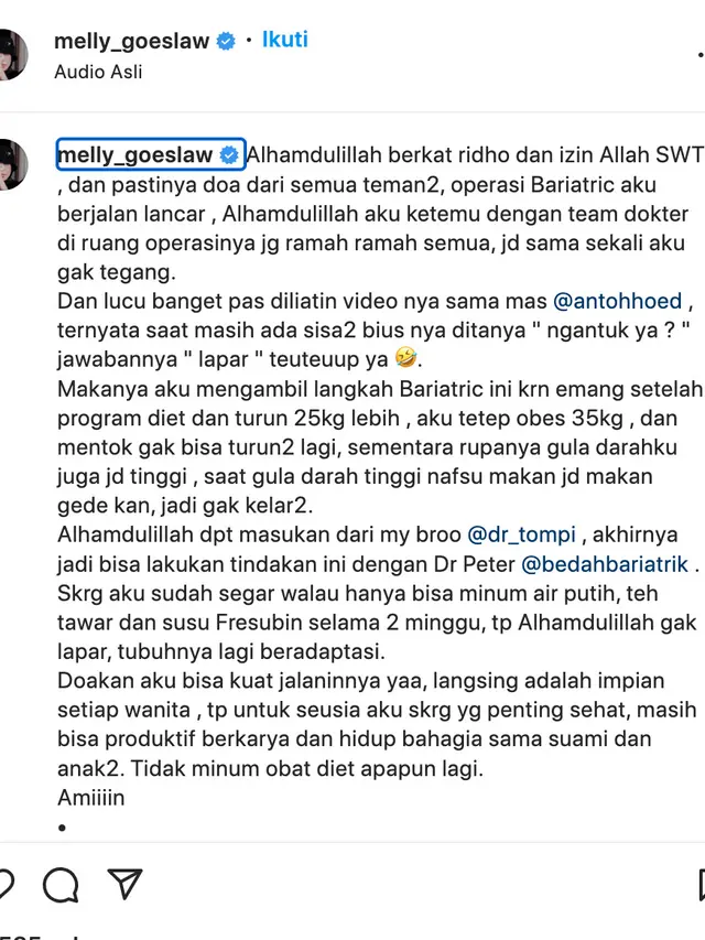 Unggahan Melly Goeslaw. (Foto: Instagram @melly_goeslaw)