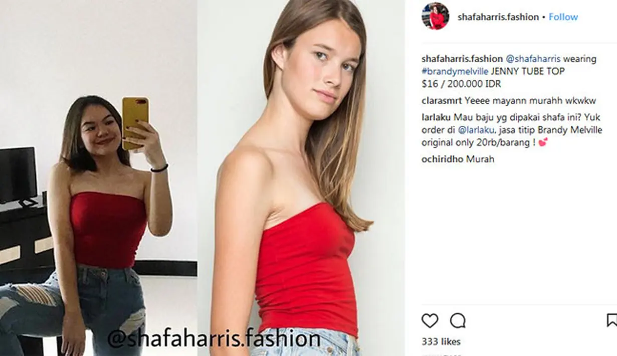 Dilihat dari foto-foto di akun Instagramnya, Shafa tampak hobi memamerkan tubuhnya yang seksi. Tube Top merah ini menjadi salah satu koleksi Shafa dan pastinya membuat tampilannya makin memesona. (Instagram/shafaharris.fashion)