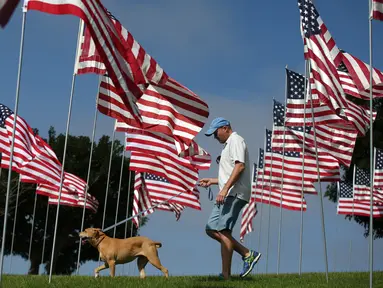 Seorang pria berjalan bersama anjing piaraan pada peringatan 15 tahun bagi para korban 11 September 2001 di Malibu, California, (11/09). Sebanyak 3.000 bendera AS dikibarkan, mewakili setiap nyawa yang hilang. (REUTERS/Lucy Nicholson)