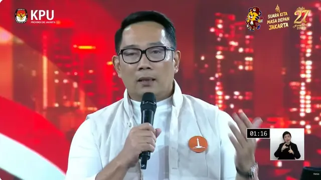 Cagub Jakarta nomor urut 1 Ridwan Kamil dalam debat perdana Pilkada Jakarta 2024, Minggu (6/10/2024) di JIExpo Kemayoran, Jakarta Pusat.