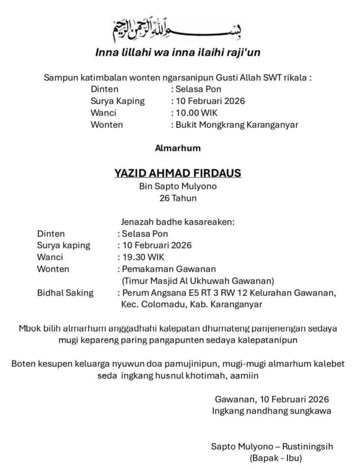 Yazid Dimakamkan Malam Ini