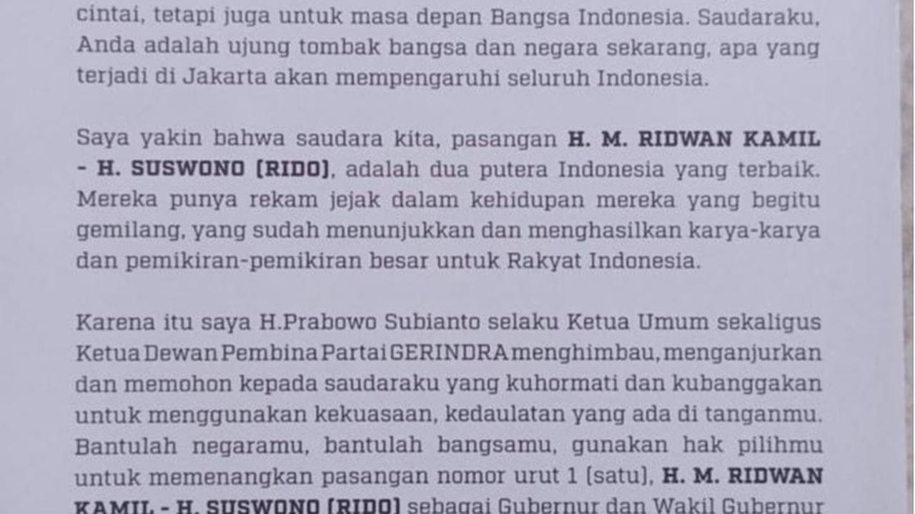 Surat Prabowo Ajak Warga Jakarta Pilih Ridwan Kamil-Suswono