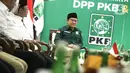 Ketua Umum Partai Kebangkitan Bangsa (PKB) Muhaimin Iskandar alias Cak Imin mengaku tidak tertarik soal suara-suara yang menggaungkan Prabowo Subianto dengan Ganjar Pranowo. (Liputan6.com/Faizal Fanani)