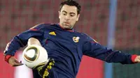 Gaya gelandang Spanyol Xavi Hernandez saat sesi latihan yang berlangsung di Ellis Park Stadium, Johannesburg, 20 Juni 2010. AFP PHOTO / LLUIS GENE 