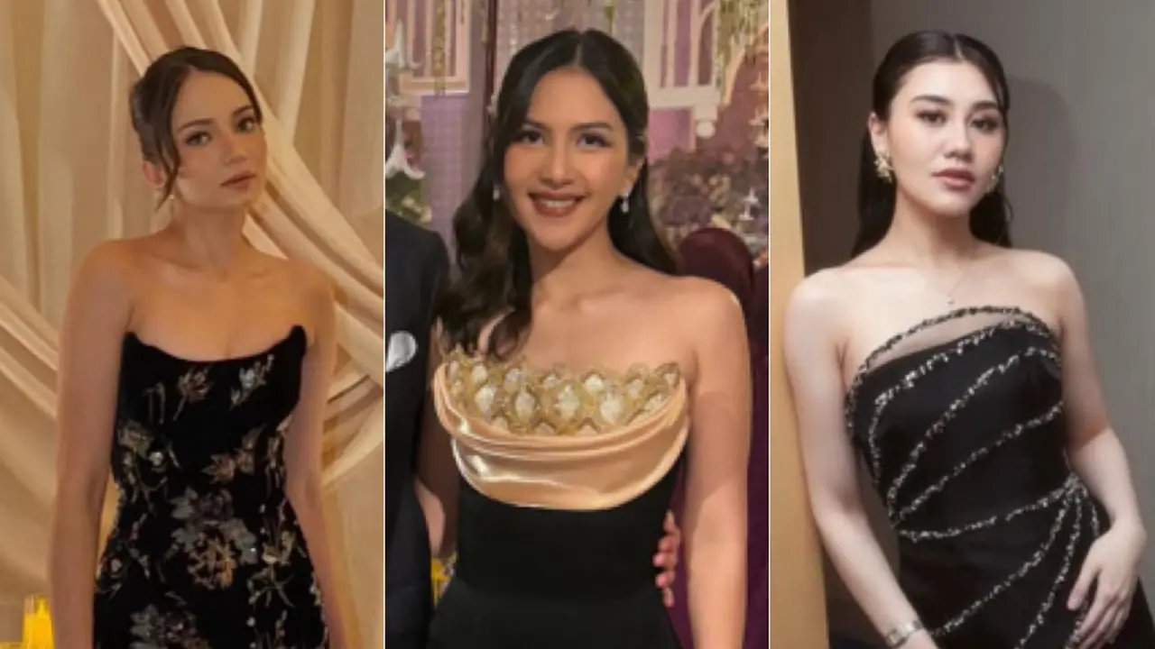 Tampilan Stand Out Glamor para artis Kenakan Gaun Strapless Hitam saat Kondangan.  Dok. Instagram