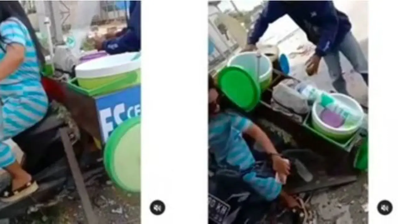 Emak-emak bikin motor es cendol roboh