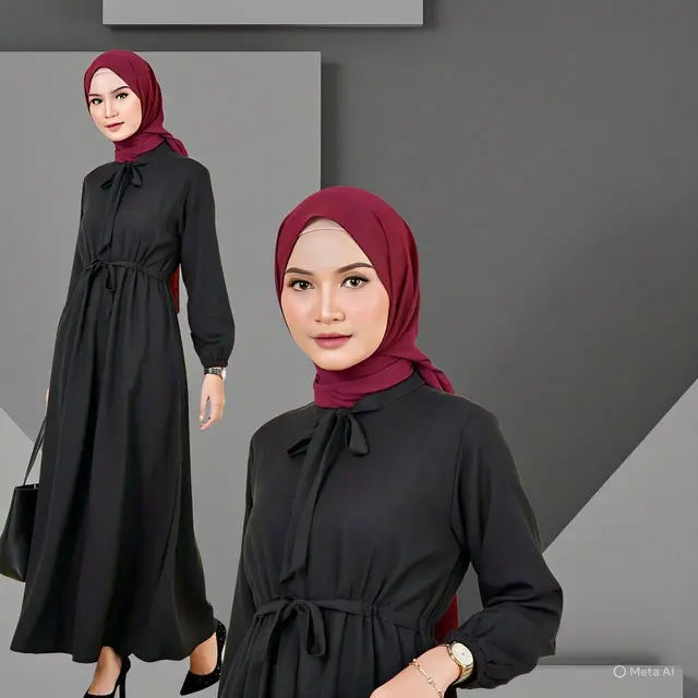 Dress Hitam Semi-Formal dengan Aksen Pita dan Hijab Merah Maroon