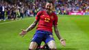 Selebrasi striker Spanyol, Joselu setelah menjebol gawang Norwegia pada laga kualifikasi Euro 2024 Grup A di La Rosaleda Stadium, Malaga, Spanyol (25/3/2023). Joselu total mencetak dua gol bagi Spanyol dalam dua laga kualifikasi Euro 2024. Dua gol tersebut dilesakkan saat laga debutnya yang hanya 9 menit ke gawang Norwegia saat menang 3-0, sementara di laga kedua menghadapi Skotlandia ia gagal menyumbang gol saat kalah 0-2. (AP Photo/Manu Fernandez)