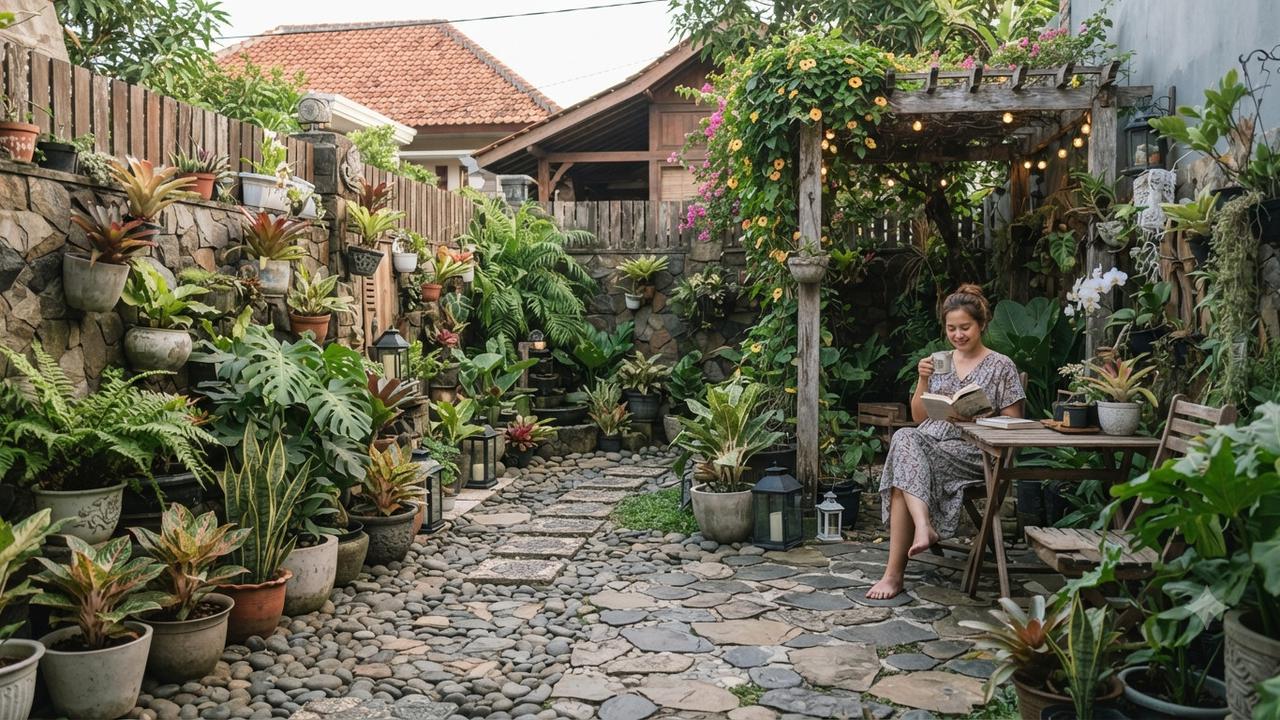 Ide taman yang tetap cantik meski tanpa rumput dan cocok untuk pemilik introvert model kombinasi batu alam dan tanaman dalam pot