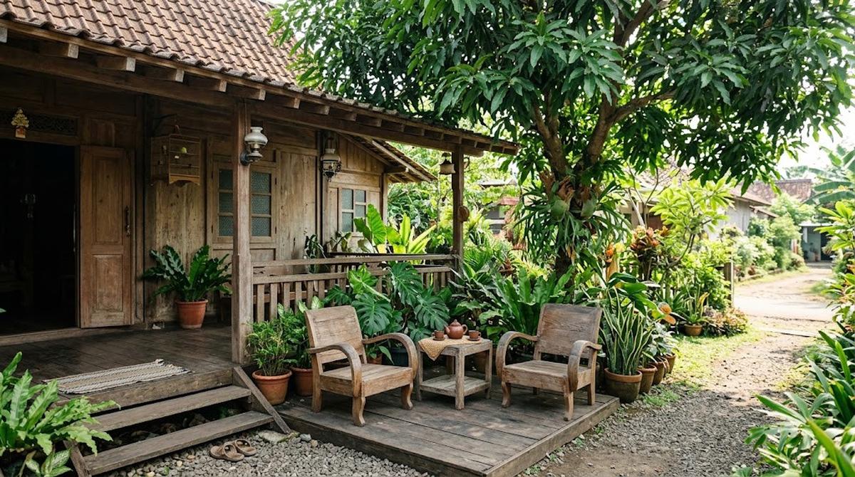 Model Teras Rumah dengan Kursi Kayu dan Tanaman Hijau/AI Generated
