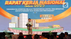 Menteri Agraria dan Tata Ruang/Kepala Badan Pertanahan Nasional (ATR/BPN) Hadi Tjahjanto menyampaikan sambutan saat membuka Rapat Kerja Nasional (Rakernas) Tahun 2023 di Hotel Shangri-La, Jakarta, Selasa (7/3/23). Rakernas bertema "Peningkatan Investasi Melalui Transformasi Digital dan Kepastian Hukum di Bidang Tata Ruang dan Pertanahan". (Liputan6.com/Johan Tallo)