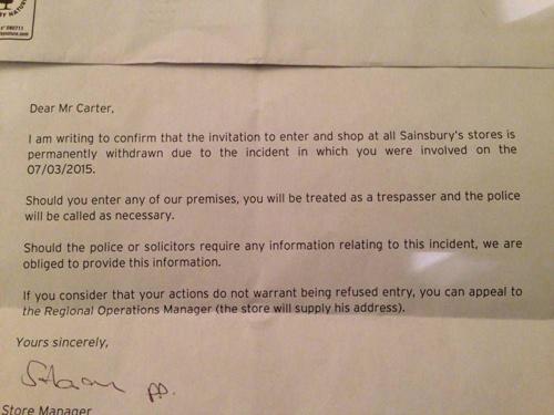 Surat larangan belanja dari Sainsbury kepada kakek Albert | Photo: Copyright metro.co.uk