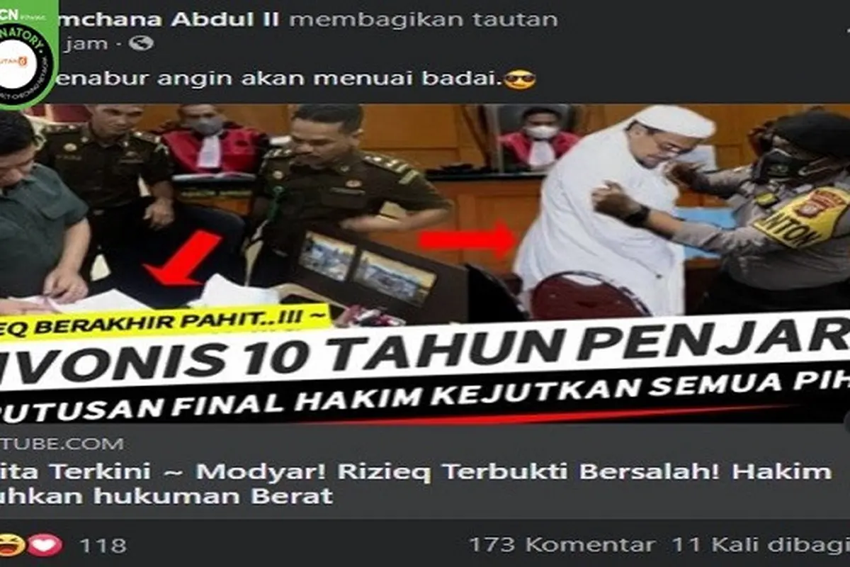 Gambar Tangkapan Layar Kabar Rizieq Shihab Divonis 10 Tahun Penjara pada 23 April 2021 (sumber: Facebook)