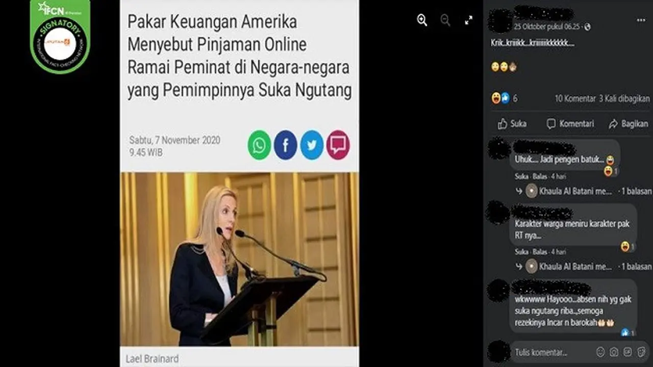 Gambar Tangkapan Layar Artikel Hoaks Berjudul Pakar Keuangan AS Sebut Pinjol Ramai Peminat di Negara yang Pemimpinnya Suka Berutang (sumber: Facebook).