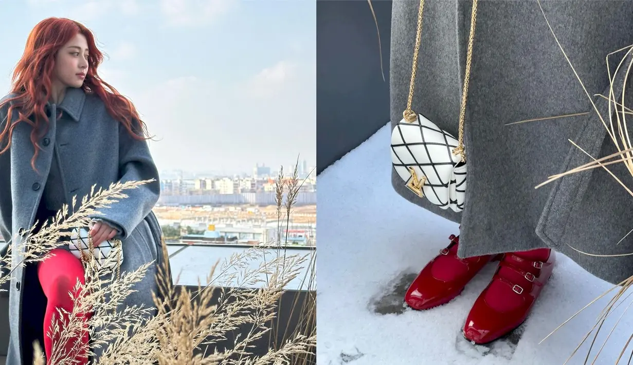 Long coat warna abu-abu nggak kalah menarik dipadukan dengan stocking warna cherry red. Jangan lewatkan sepatu mary jane yang jadi tren sepanjang 2023!  [@jenaissante]