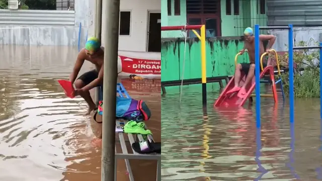 Video viral yang menunjukkan seorang pemuda unjuk kemampuannya berenang di tengah banjir.