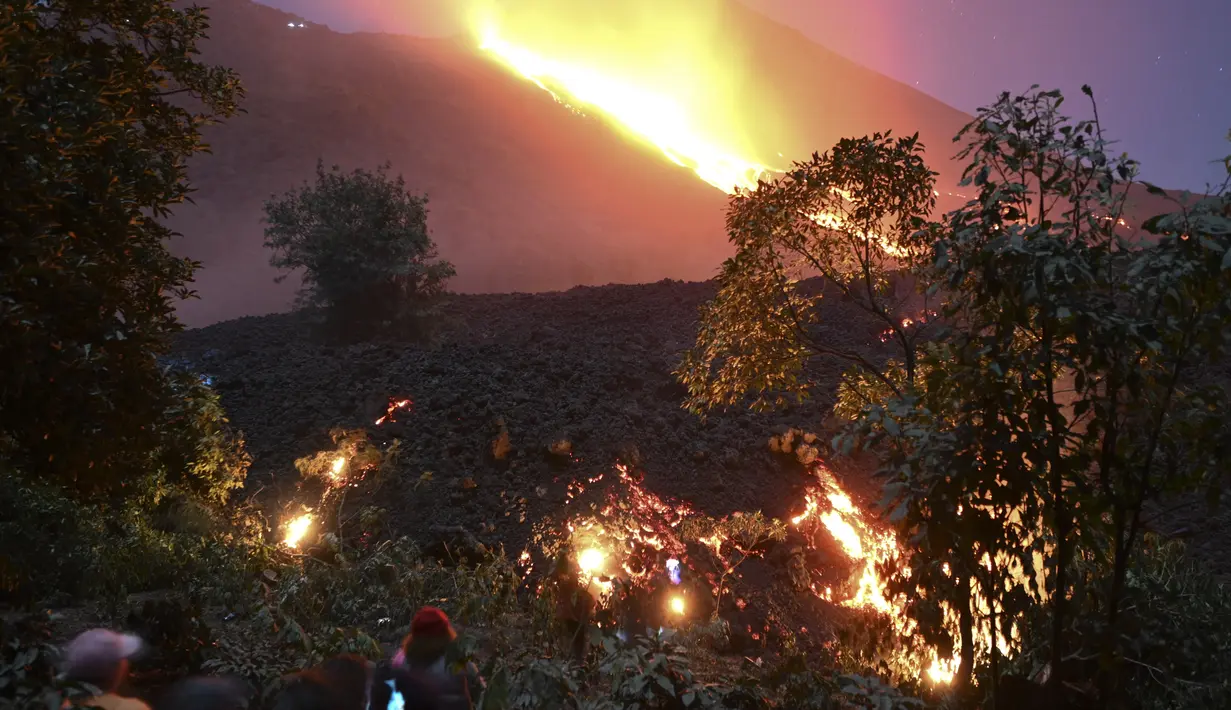 Orang-orang melihat aliran lava dari Gunung Berapi Pacaya Guatemala di desa Patrocinio, San Vicente Pacaya, sekitar 60 kilometer selatan kota Guatemala pada Kamis (25/3/2021). Sejak awal Februari 2021 lalu, aktivitas Gunung Pacaya dilaporkan terus aktif. (Johan ORDONEZ / AFP)