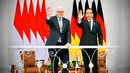<p>Presiden Joko Widodo (kanan) dan Presiden Republik Federal Jerman Frank-Walter Steinmeier melambaikan tangan dari beranda Istana Bogor, Jawa Barat, Kamis (16/6/2022). Kunjungan kenegaraan Presiden Republik Federal Jerman tersebut berlangsung dalam rangka peringatan 70 tahun hubungan diplomatik Indonesia Jerman yang terbentuk sejak 1952. (Foto: Lalily Rachev - Biro Pers Setpres)</p>