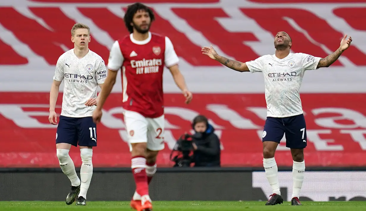 Gelandang Manchester City, Raheem Sterling selalu mencetak gol dalam 4 pertemuan terahir dengan Arsenal di Liga Inggris. (Foto: AFP/Pool/John Walton)