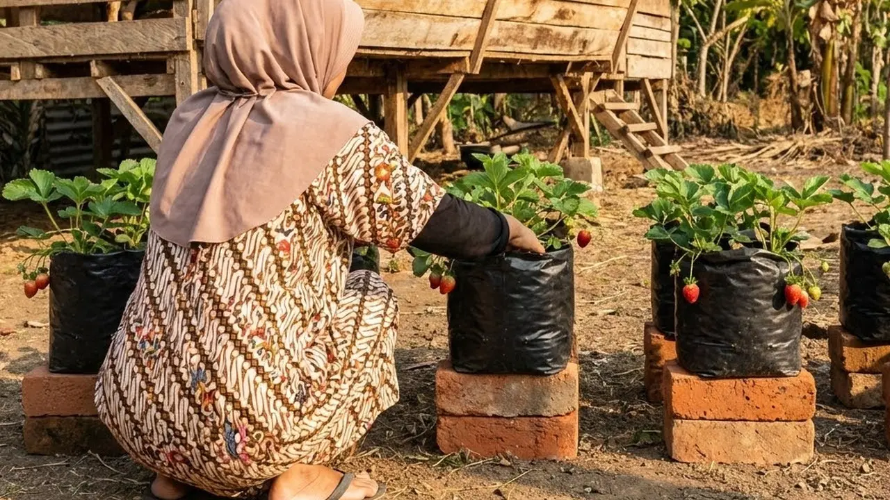 Menanam stoberi di pekarangan rumah dengan cuaca panas (Gemini AI)