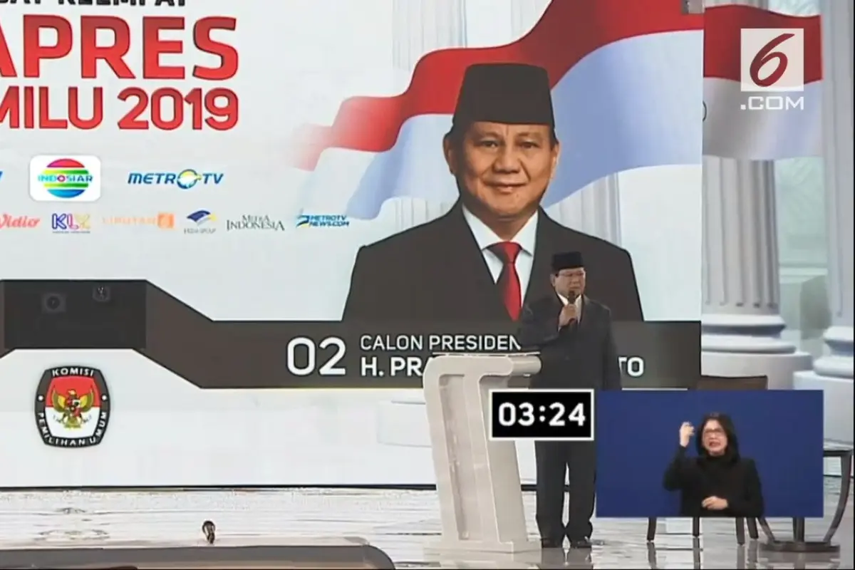 Calon Presiden nomor urut 02 Prabowo Subianto dalam debat keempat Pilpres 2019. (Liputan6.com)