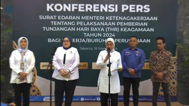 Konferensi Pers Pemberian THR, di Kantor Kemnaker, Jakarta, Senin (18/3/2024). (Foto: Liputan6.com/Arief RH)