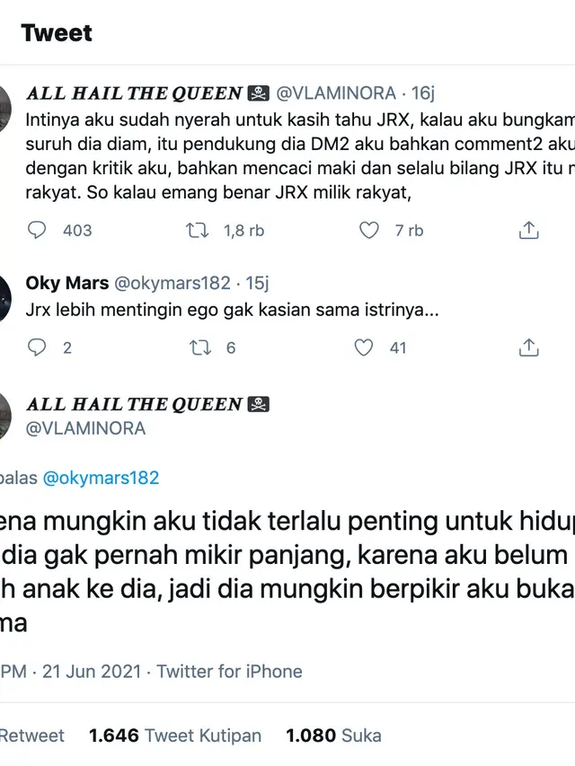 Unggahan Nora Alexandra. (Foto: Dok. Twitter @VLAMINORA)