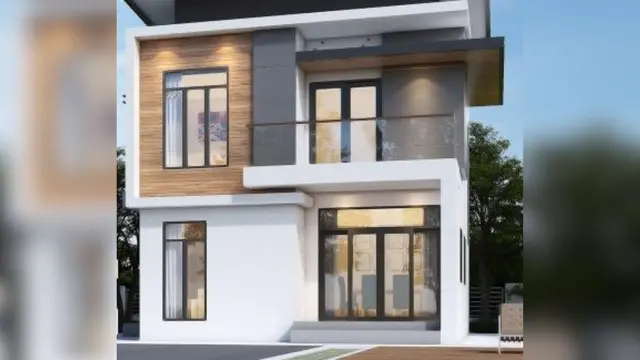 Desain Rumah 7x9 Tampak Depan Kombinasi Putih dan Motif Kayu