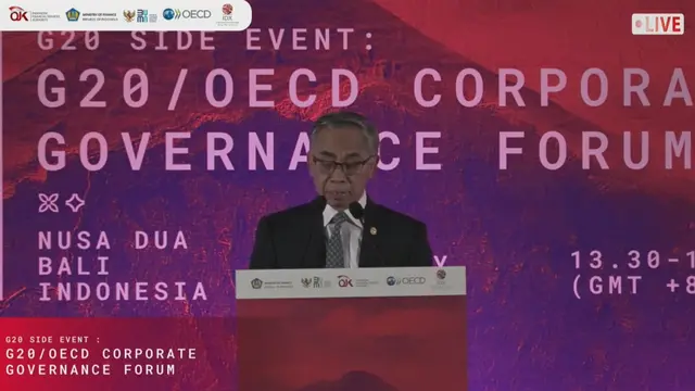 Ketua Dewan Komisioner Otoritas Jasa Keuangan (OJK) Wimboh Santoso dalam G20/OECD Corporate Governance Forum di Bali International Convention Center, Kamis (14/7/2022).