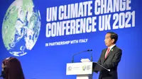 Presiden Jokowi saat berbicara dalam KTT Pemimpin Dunia tentang Perubahan Iklim atau COP26 di Scottish Event Campus, Glasgow, Skotlandia, Senin (1/11/2021). (Foto Biro Pers Sekretariat Presiden)