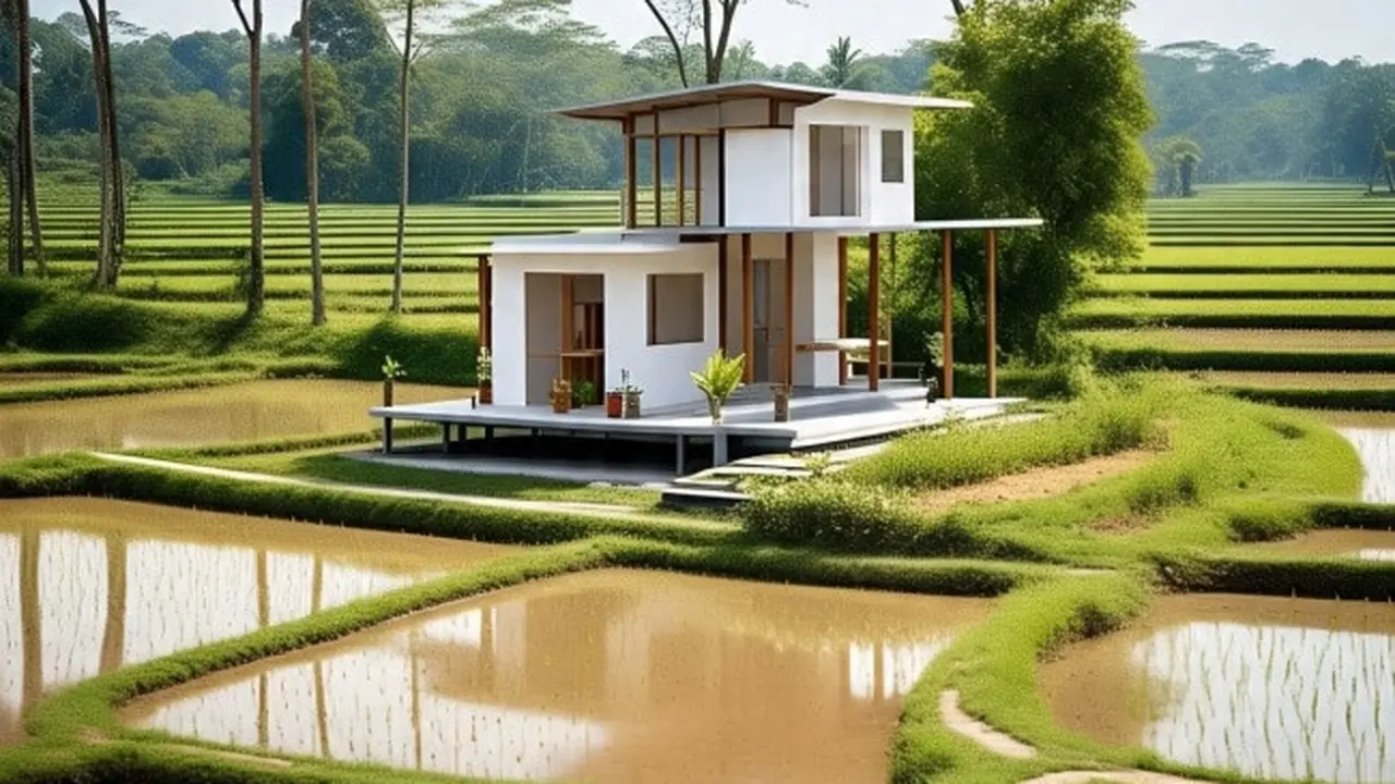 7 Gambar Rumah Sederhana Tepi Sawah yang Modern dan Estetik (Sumber: Meta AI)