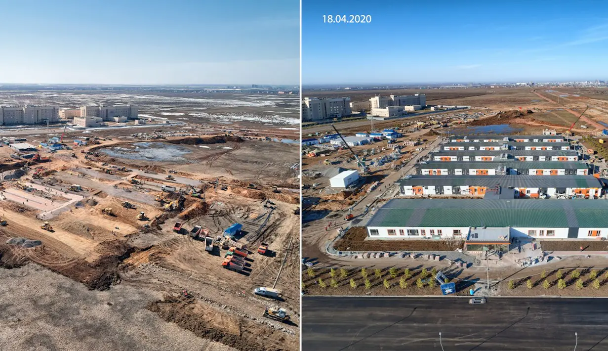 Foto gabungan menunjukkan perkembangan pembangunan sebuah rumah sakit darurat pada 5 April 2020 (kiri) dan pada 18 April 2020 di Nur-Sultan, Kazakhstan. Kazakhstan membangun rumah sakit darurat untuk merawat pasien COVID-19 hanya dalam waktu 13 hari di ibu kota negara tersebut. (Xinhua/BI Group)