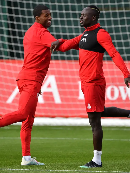 Gelandang Liverpool, Georginio Wijnaldum (kiri) dan striker Sadio Mane melakukan pemanasan selama mengikuti sesi latihan tim di Melwood di Liverpool, Inggris barat laut (22/10/2019). Liverpool akan bertanding melawan wakil Belgia, Genk pada Grup E Liga Champions di Luminus Arena. (AFP/Paul Ellis)