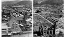 Dua buah foto sebelum dan sesudah Kota Hiroshima hancur karena bom atom pertama  yang dijatuhkan oleh Angkatan Udara AS B-29, tahun 1945. Sekitar 140.000 orang, atau lebih dari separuh penduduk Hiroshima meninggal dalam peristiwa tersebut. (AFP / PHOTO)