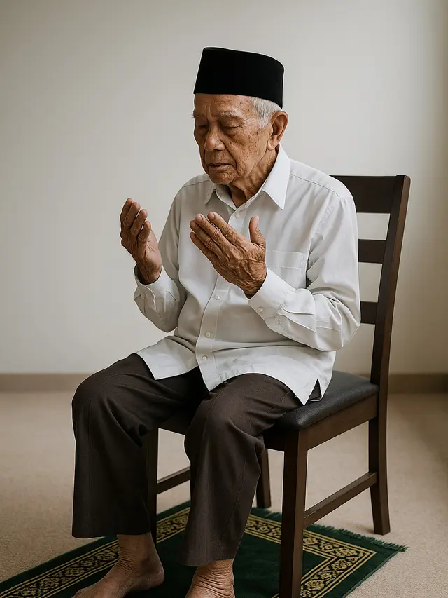 Ilustrasi lansia sholat duduk (Foto: ChatGPT)