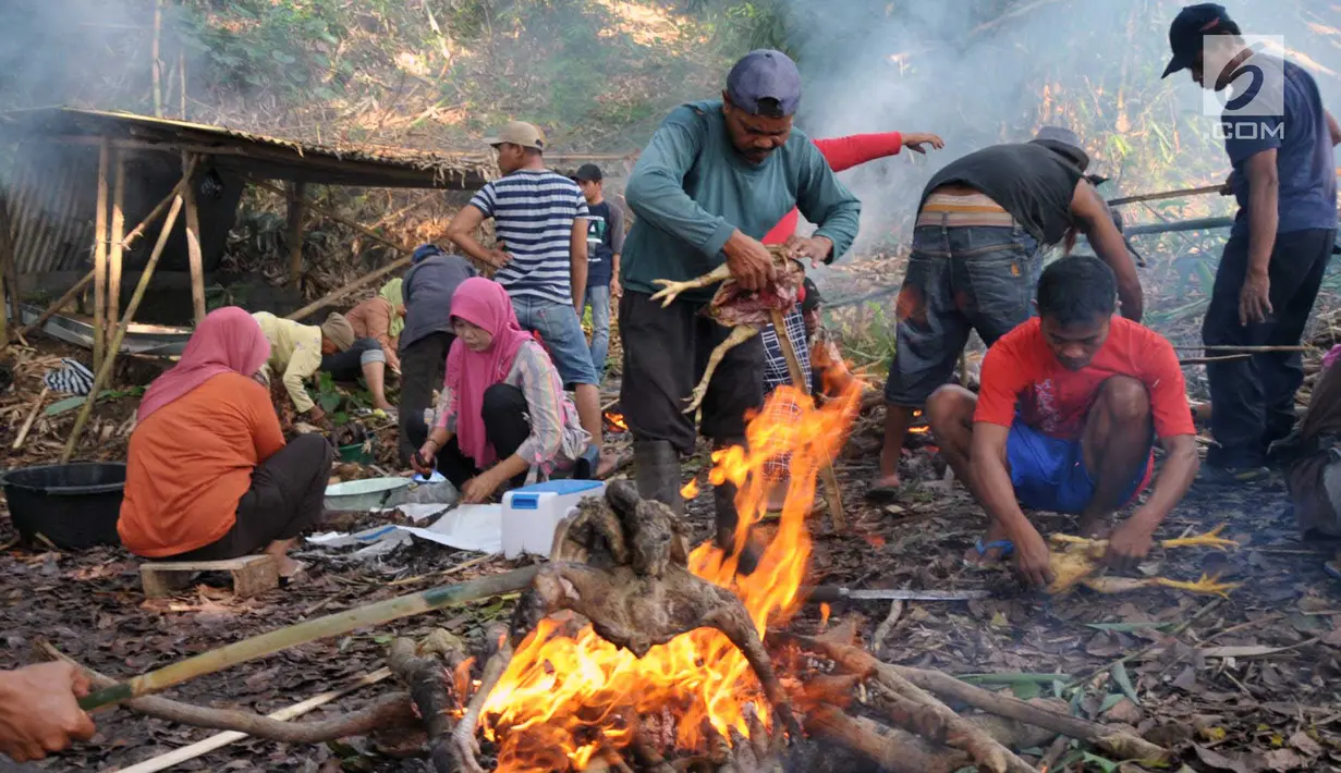 Warga membakar ayam untuk disantap bersama dalam tradisi Sadranan di Sendang Gede Pucung, Pudakpayung, Semarang, Jumat (12/4). Tradisi turun temurun membersihkan mata air dilanjutkan berdoa dan makan bersama itu simbol penyucian desa dalam rangka menyambut bulan suci Ramadan. (Liputan6.com/Gholib)