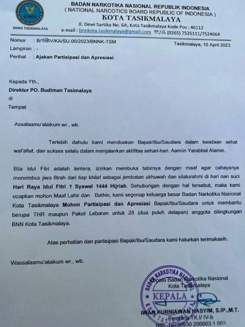 Surat yang diduga dari BNN Kota Tasikmalaya meminta THR kepada perusahaan otobus.