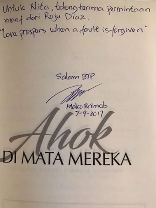 Surat Basuki Tjahaja Purnama (Ahok) untuk Nita yang bertuliskan tolong terima permintaan maaf dari Raju Diaz. (Instagram/@basukibtp)