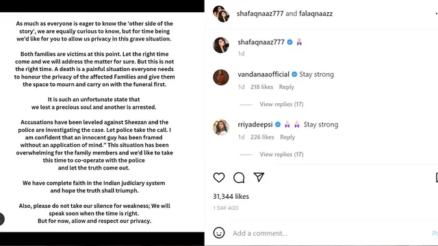 Pernyataan Shafaq dan Falaq Naaz, saudari Sheezan Mohammed Khan. (Instagram/ shafaqnaaz777 - falaqnaazz)