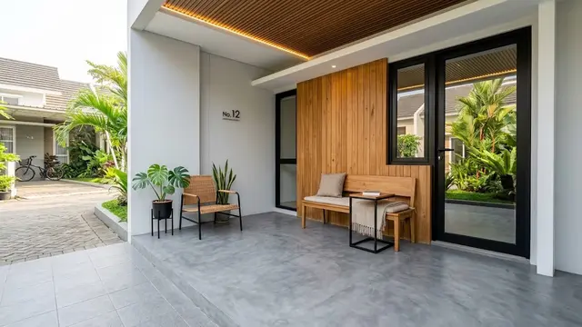 Teras Minimalis dengan Lantai Microcement dan Aksen Kayu