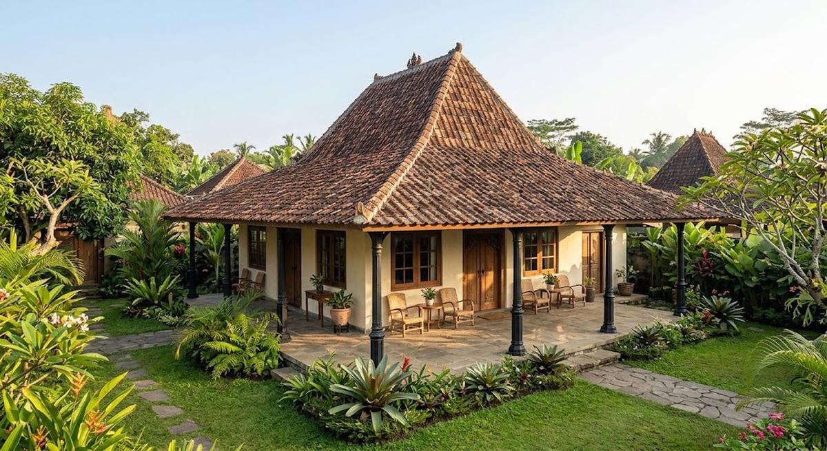 Desain Rumah Desa Genteng Tanah Liat Tua dan Besi
